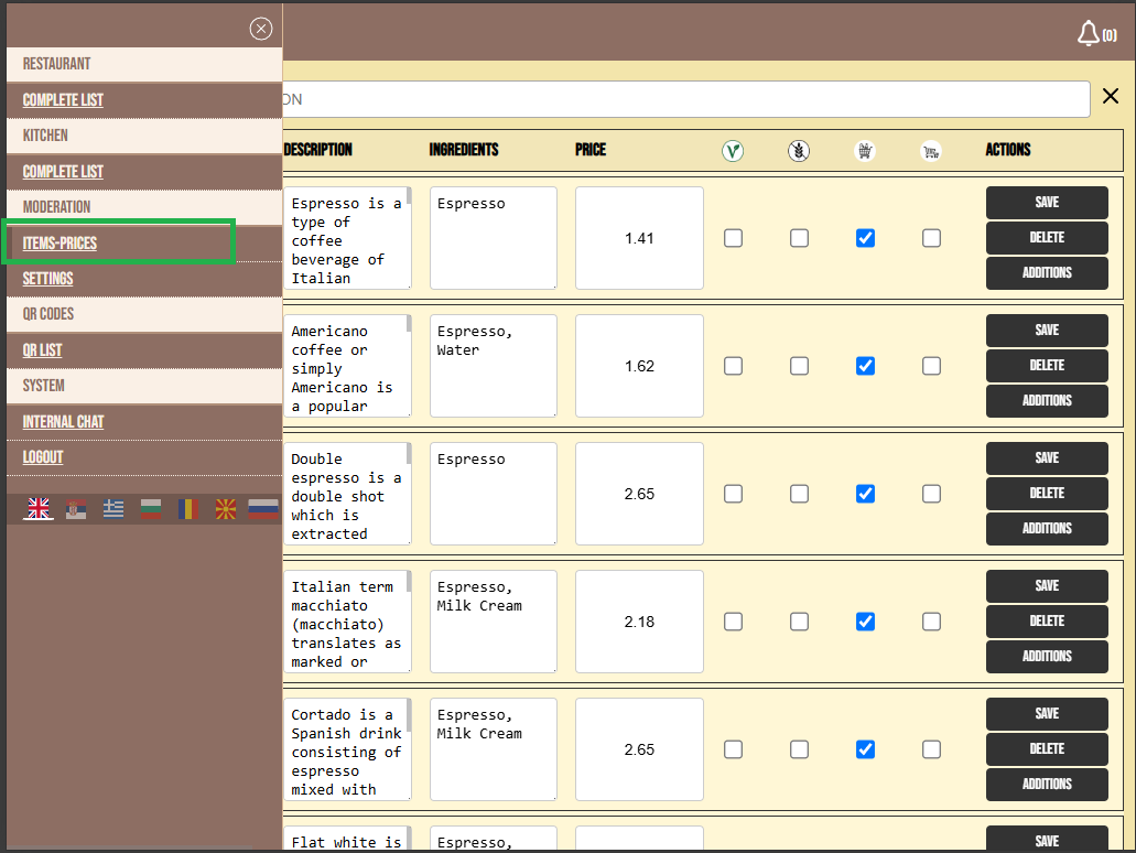 Items & Prices list
