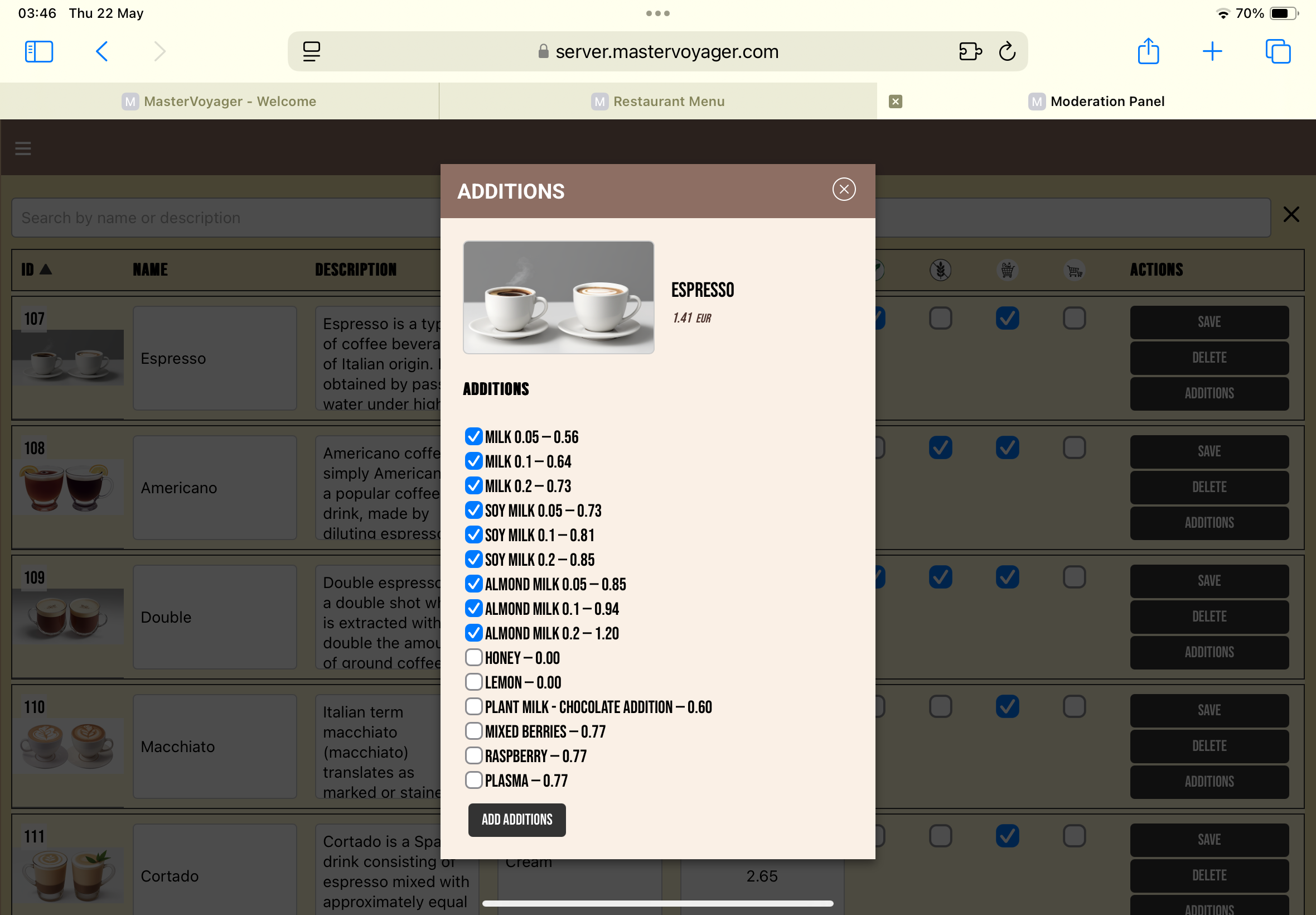 Additions modal
