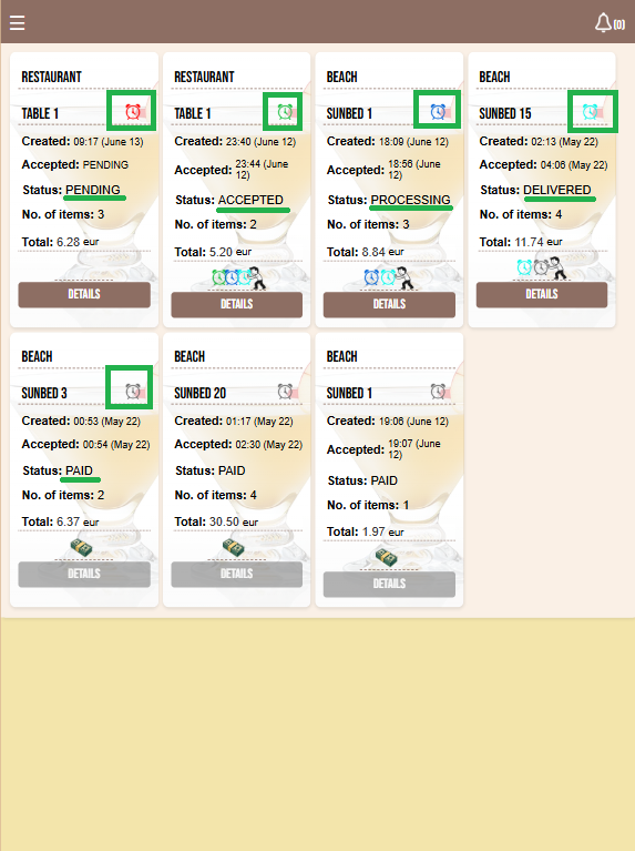 Order cards with status colors and clocks