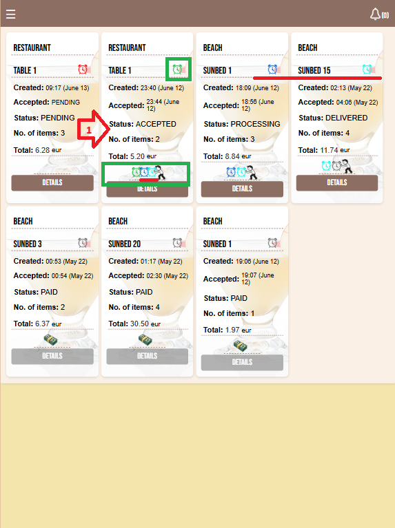 Order cards highlighting reminders