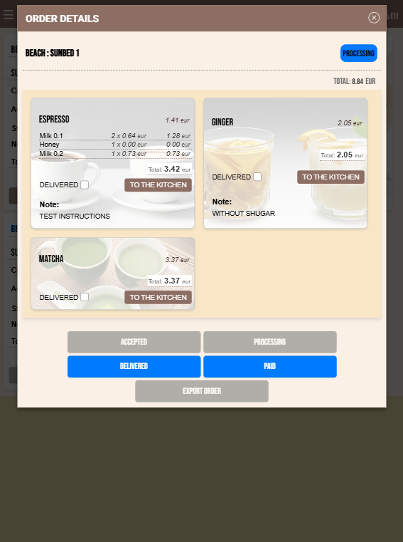 Order details – PROCESSING with notes