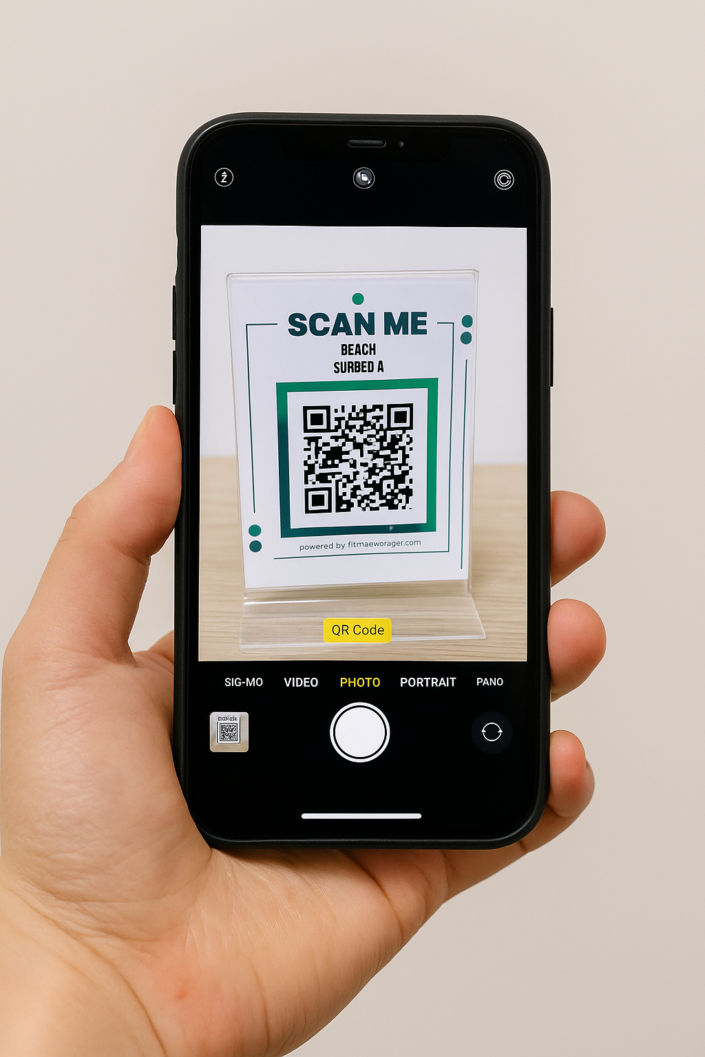 Phone scanning the QR code
