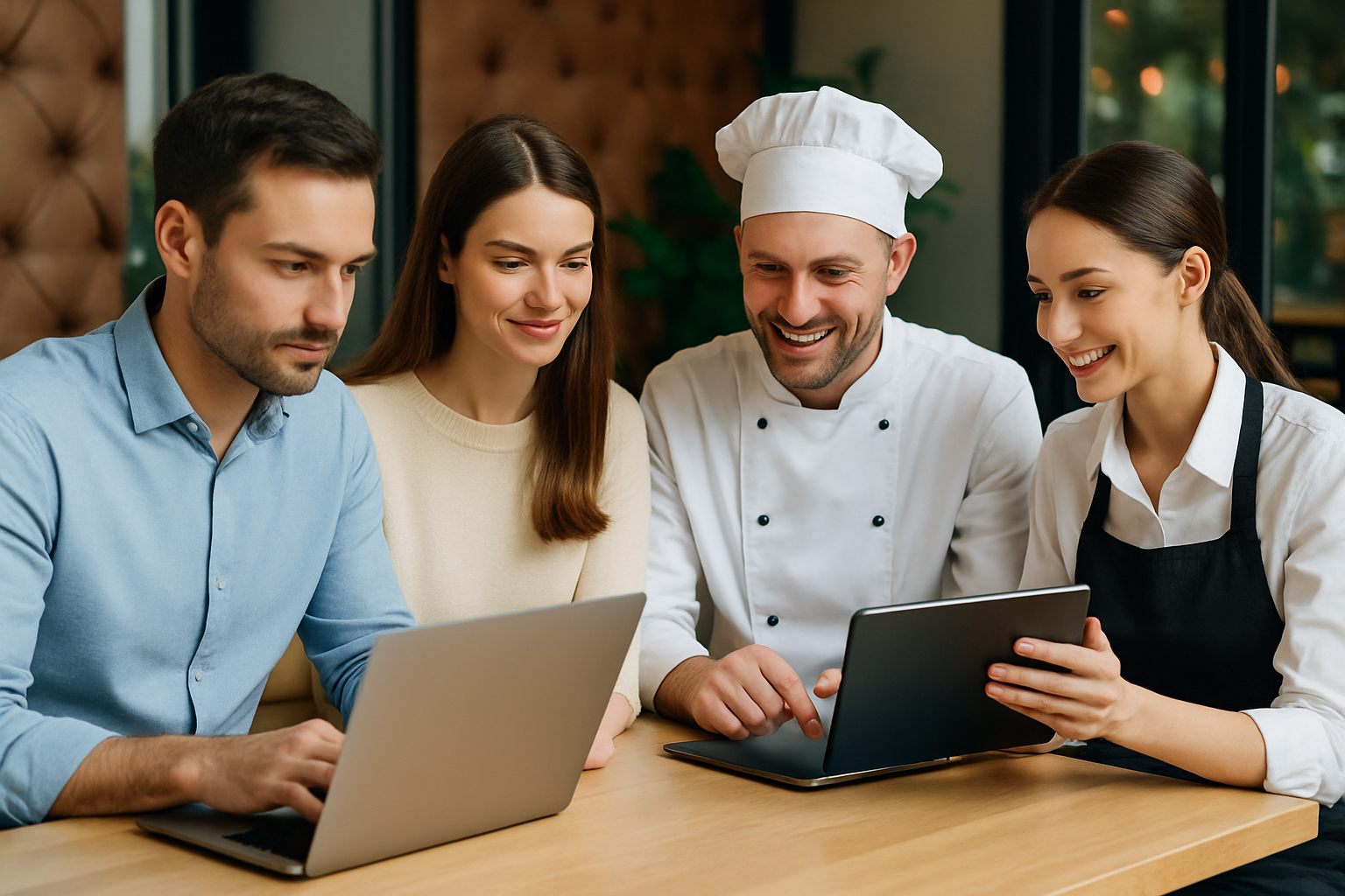 A team of professionals and hospitality experts collaborating creatively with laptops and tablets